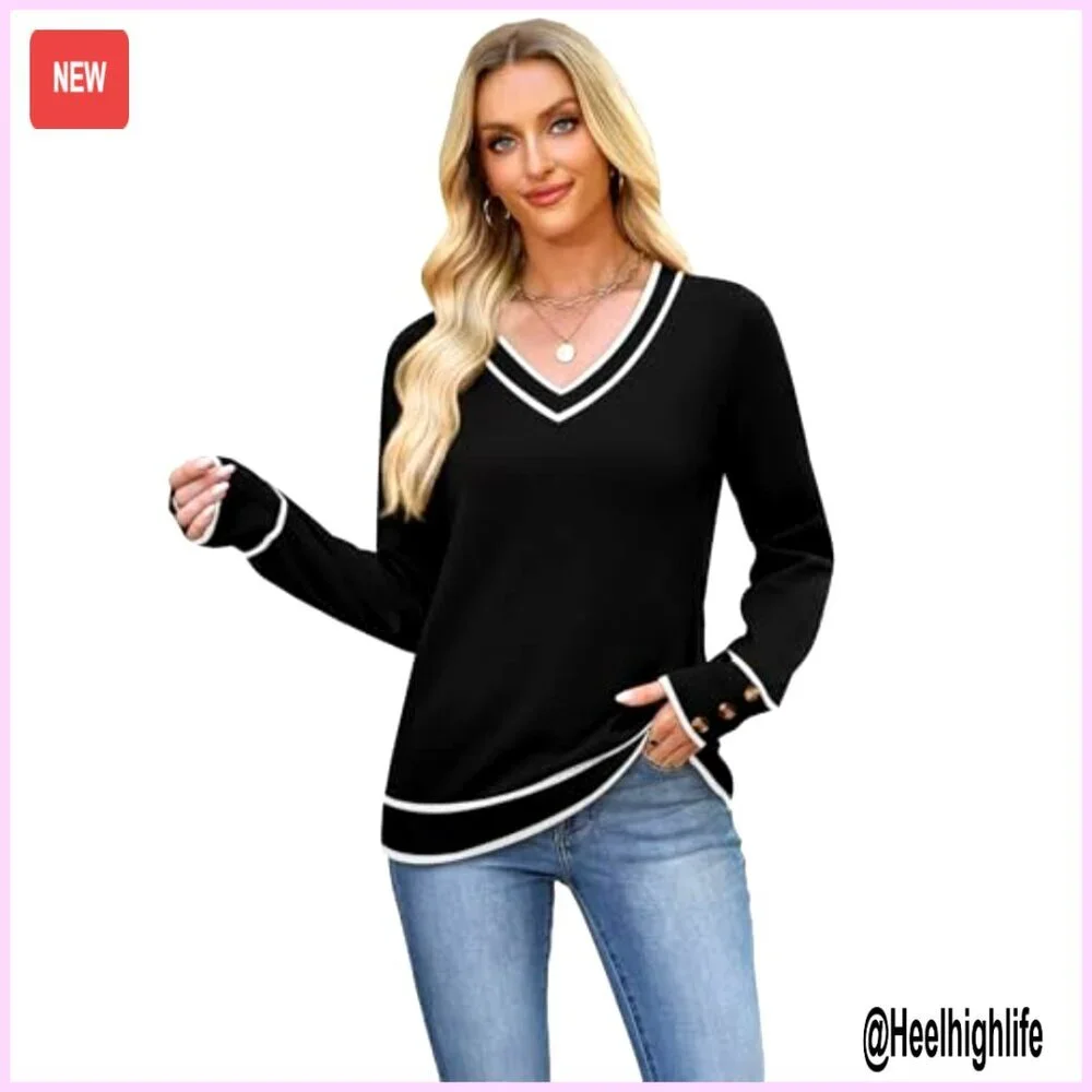 Lightweight V-Neck Pullover Sweater with Decorative Button Cuffs